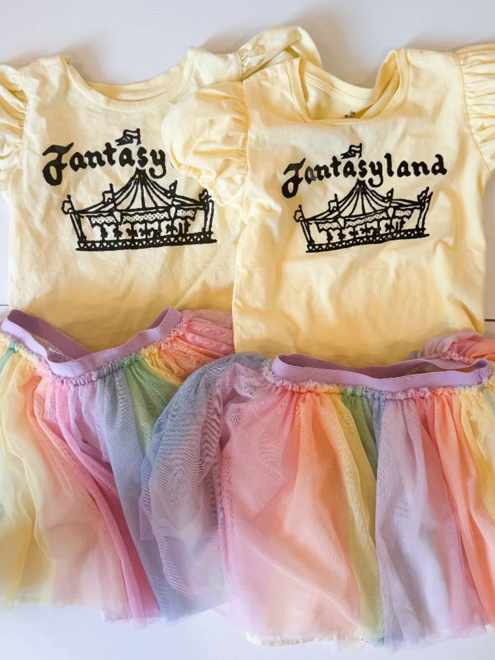 Disney Fantasyland Carousel T shirt‎ and rainbow skirt sister sets 8 & 10